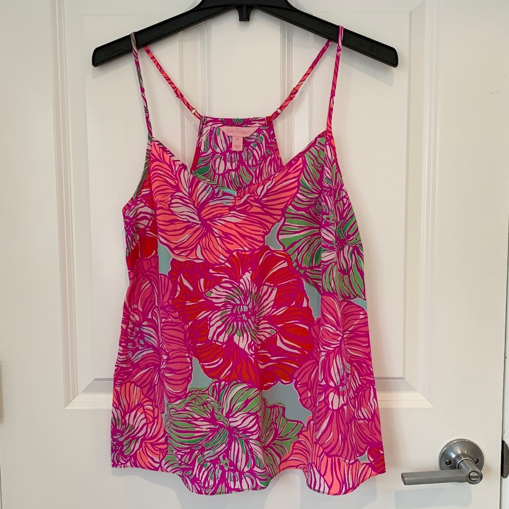 Lilly Pulitzer Silk Tank Top Size M Racerback Pink Peony